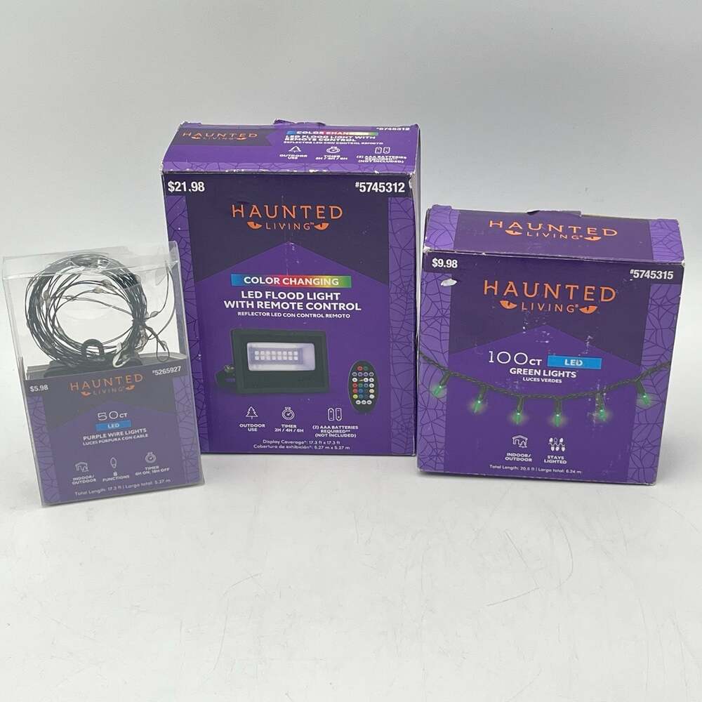 Haunted Living Halloween LED Lights 3 Piece Lot Flood Light Green Purple String